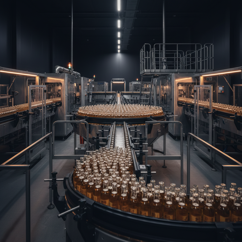 Beverage bottling line with filled clear bottles on conveyors passing a rotary accumulation table holding a buffer of containers