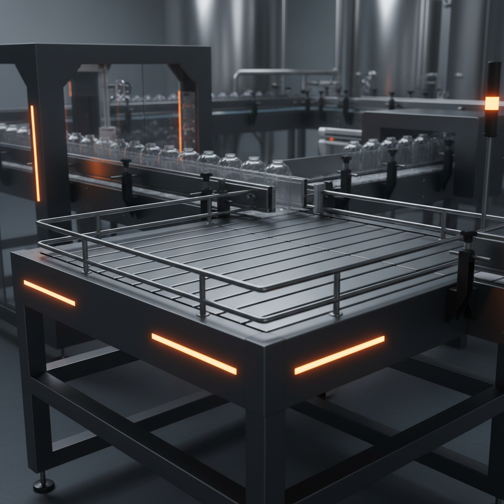 Rectangular bi-directional accumulation table alongside a straight packaging conveyor with containers being swept off and fed back on