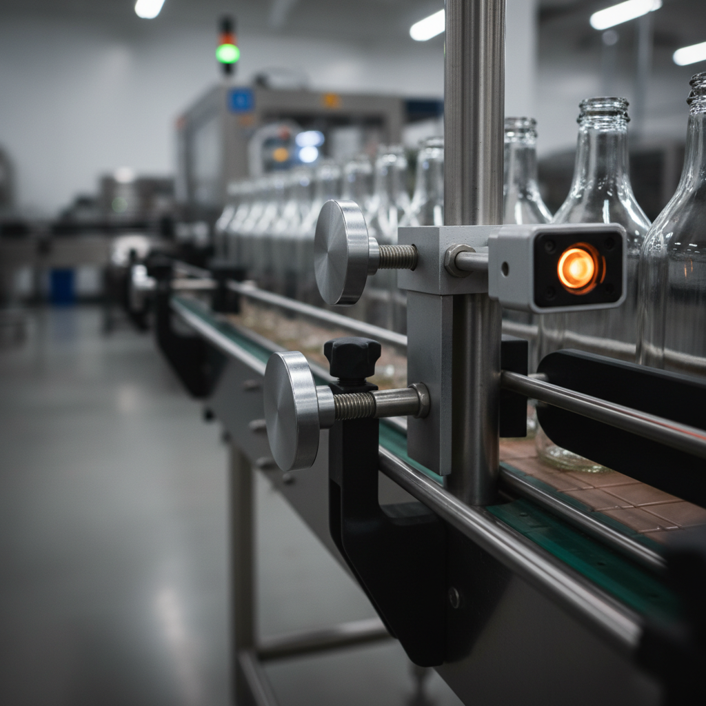 Adjustable stainless guide rail with knurled clamp knobs and a photo-eye backlog sensor aimed across the container flow
