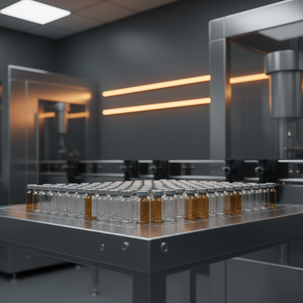 Pharmaceutical packaging line with glass vials and bottles standing on a compact low-profile stainless accumulation table