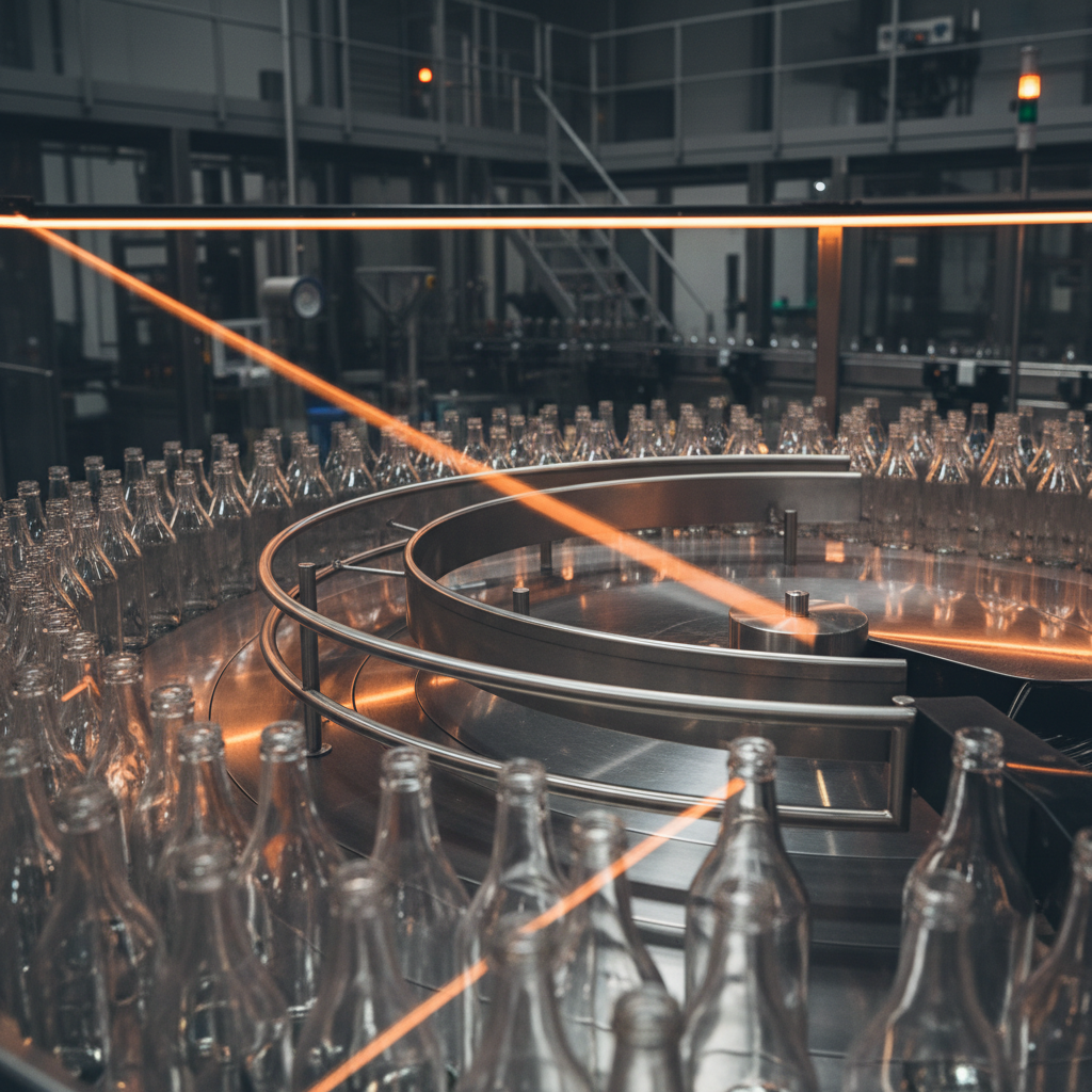 Close overhead detail of the polished stainless disc of a rotary accumulation table with densely packed bottles and a curved guide rail