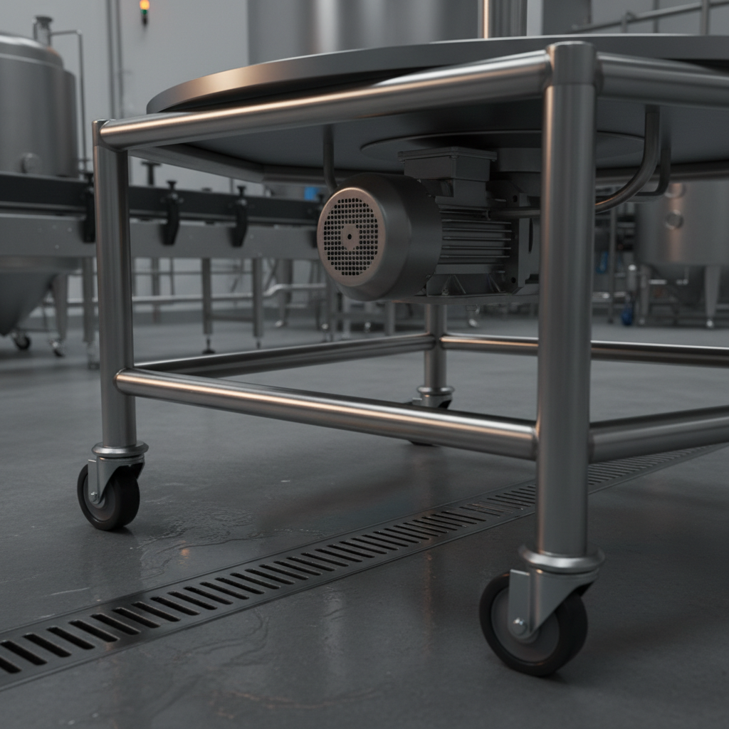 Open tubular stainless steel frame and sloped washdown base of an accumulation table with levelling feet and a sealed gearmotor