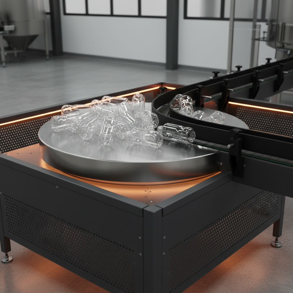 Stainless steel unscrambling turntable at the start of a packaging line funnelling loose containers into single file on an outfeed conveyor